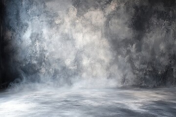 Dramatic dark grey concrete background with white smoke.