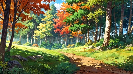 Obraz premium Dirt road in the middle of Animated anime landscape panorama autumn scene