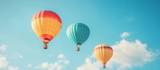 Fototapeta premium Three colorful hot air balloons float in a clear blue sky with fluffy white clouds.