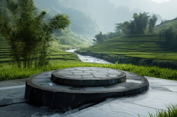 Obraz premium stone round podium stage with river stream and blurry green tea field in the background