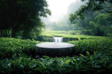 stone round podium stage with river stream and blurry green tea field in the background