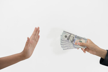 male hand refusing when offered money, concept of refusing bribe, isolated on white background.