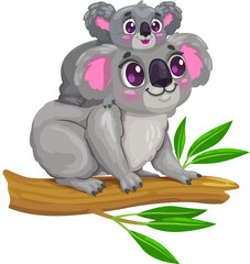 Cartoon cute koala bear mother with child character. Zoo animal childish isolated vector personage, Australia jungle bear cute or koala mom with kid comical characters sitting on eucalyptus branch