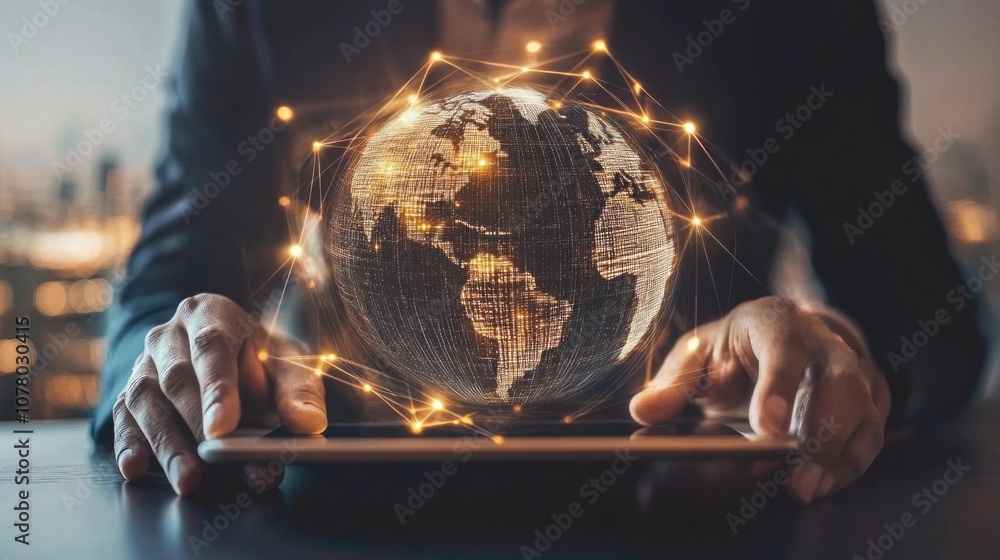 Poster a man is holding a tablet with a globe on it