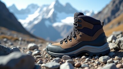 Boots on rocky terrain for mountaineering. Brown hiking boot rests on rocky terrain with snowy mountains in the background, under clear blue skies.