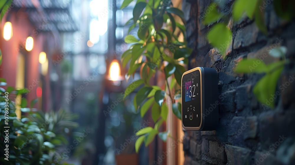 Wall mural in an urban setting a smart thermostat featuring dynamic weather graphs
