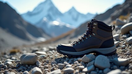 Boots on rocky terrain for mountaineering. Brown hiking boot rests on rocky terrain with snowy mountains in the background, under clear blue skies.
