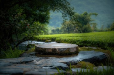 Obraz premium stone round podium stage with river stream and blurry green tea field in the background