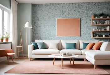 Scandinavian living room interior design zoom background,Doodle patterned wallpaper graphics