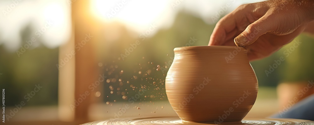 Poster Mastering the Art of Pottery A Potters Hands Skillfully Shaping Clay on a Spinning Wheel in Soft Natural Light - Close-Up of Artisan Craftsmanship with Dynamic Clay Motion