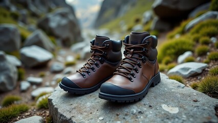 Boots on rocky terrain for mountaineering. Sturdy hiking boots on a rocky path in a lush canyon, showcasing adventure amidst nature's rugged beauty.