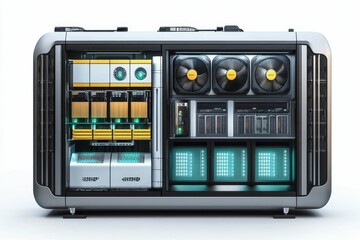 A futuristic server rack with cooling fans and lights.