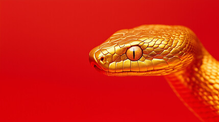 Obraz premium Shiny golden snake on a plain red background. 2025 New Year of the Snake, Lunar New Year or Chinese New Year. Tet. Zodiac animal character. Copyspace for your text.