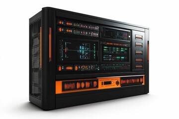 Black server rack with glowing screens.