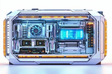Obraz premium Open computer case with glowing internal components.