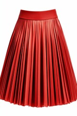 Red pleated leather skirt on white background.