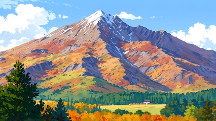 Animated anime landscape panorama autumn scene with giant snow mount