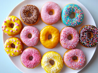 plate of donuts with vibrant frosting and sprinkles in various colors