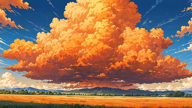 Animated anime landscape panorama autumn scene with enormous and gigantic clouds in the sky