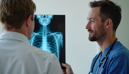 Obraz premium Medical professional discusses X-ray results with a patient in a modern clinic during a consultation
