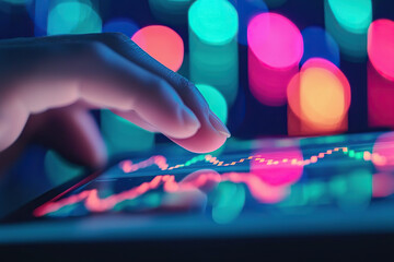 hand interacting with digital tablet displaying colorful data graphs and charts, symbolizing technology and finance. vibrant lights create dynamic atmosphere