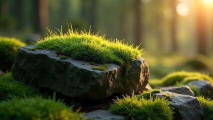 Fototapeta premium A stone covered with moss with a natural rough texture