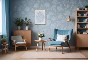 Scandinavian living room interior design zoom background,Doodle patterned wallpaper graphics