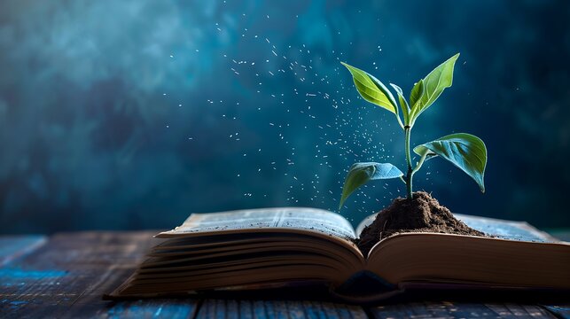 A vivid illustration of a young plant emerging from a book's pages, symbolizing the nurturing of knowledge and intellectual growth through learning and education.