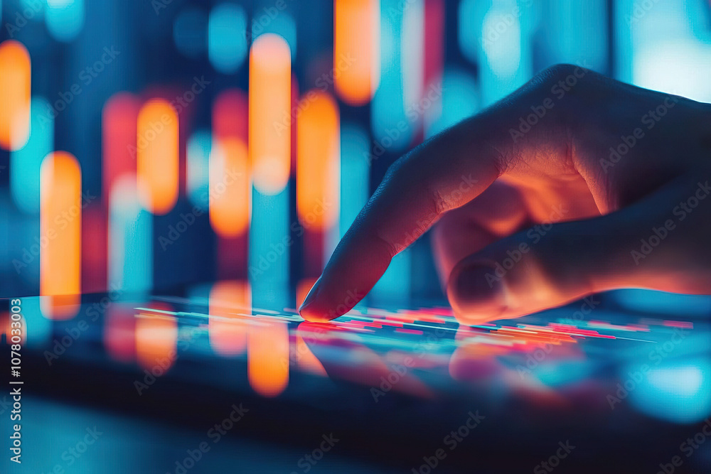 Poster close up of hand interacting with digital touchscreen, showcasing vibrant colors and illuminated pat