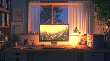 Cozy home office with a computer displaying a sunset over a field of flowers. The warm lamplight creates a relaxing atmosphere.