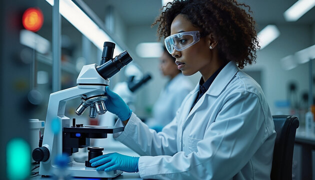 A dedicated scientist examining samples under a microscope in a modern laboratory during afternoon research hours