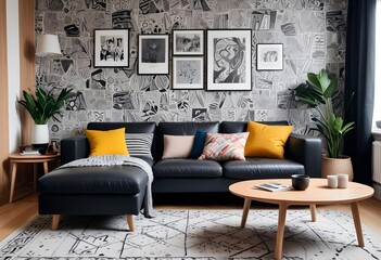 Scandinavian living room interior design zoom background,Doodle patterned wallpaper graphics