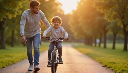 Father joyfully teaches his young son to ride a bicycle during sunset at a tranquil park