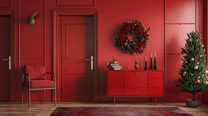 Fototapeta premium An intimate red room with a simple yet elegant wreath on the wall above a red dresser, reflecting holiday warmth and rustic charm in a modern setting.