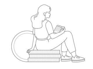 Young woman reads a book or textbook during sitting on a stack of coins. Flat vector illustration