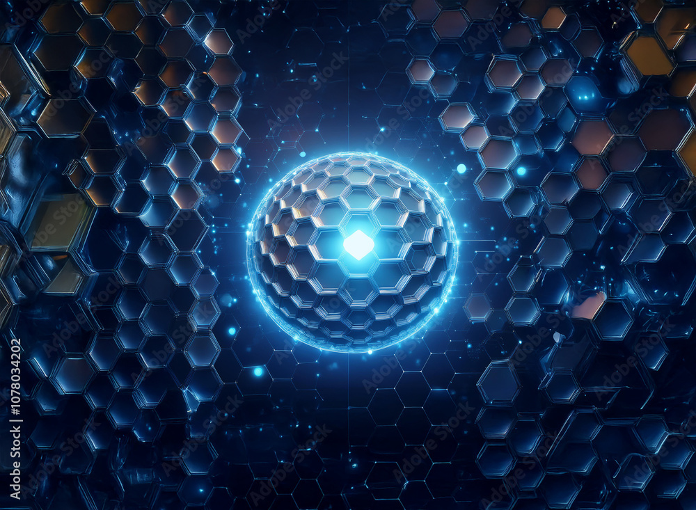 Aufkleber a glowing blue sphere surrounded by a honeycomb pattern of metallic hexagonal shapes.