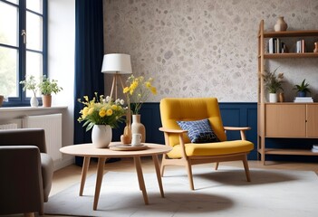 Scandinavian living room interior design zoom background,Doodle patterned wallpaper graphics