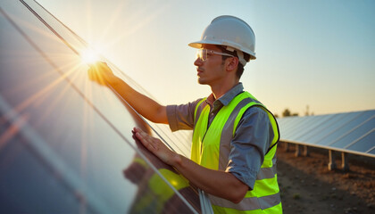 A solar technician adjusting panels under the golden glow of sunrise at a renewable energy facility