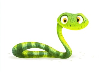 An adorable illustrated green snake design isolated on white background, ideal for childrens content and various playful, imaginative designs