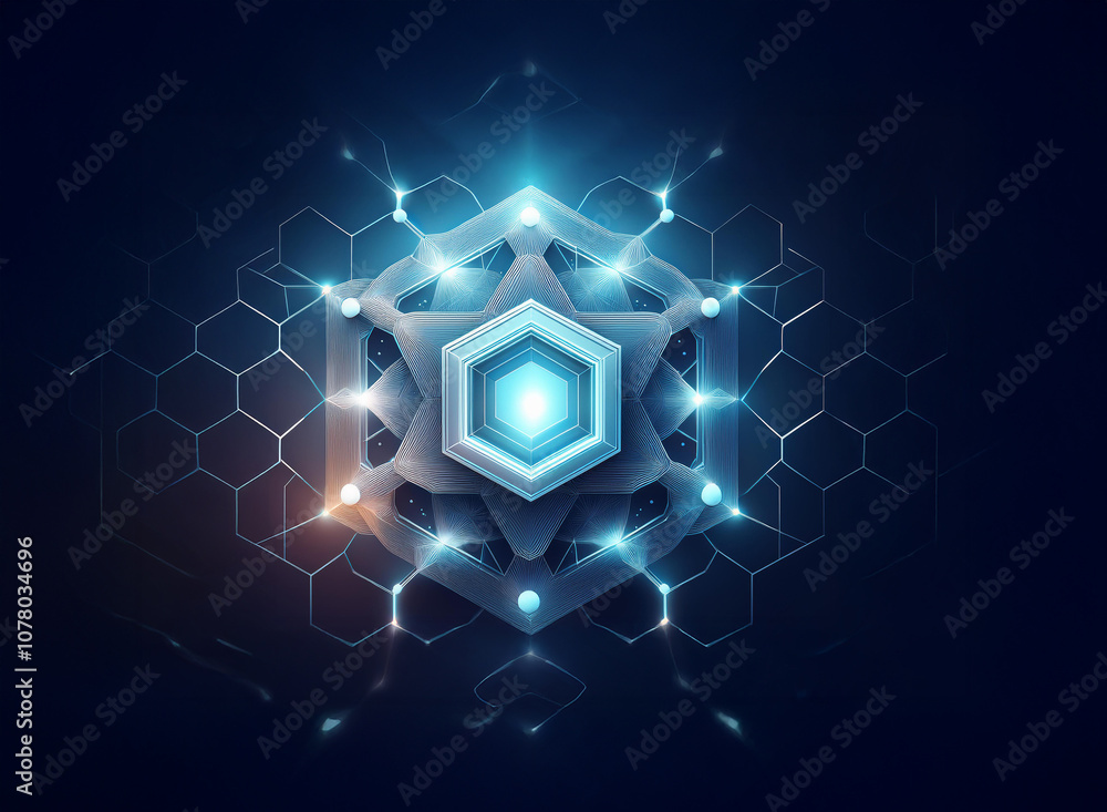 Poster a glowing hexagonal structure with a central, bright blue light, surrounded by an intricate network 
