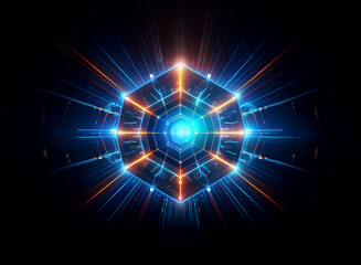 A futuristic, geometric design with glowing blue and orange lights. The shape is centered in the frame, with glowing lines radiating outwards creating a sense of energy and motion.