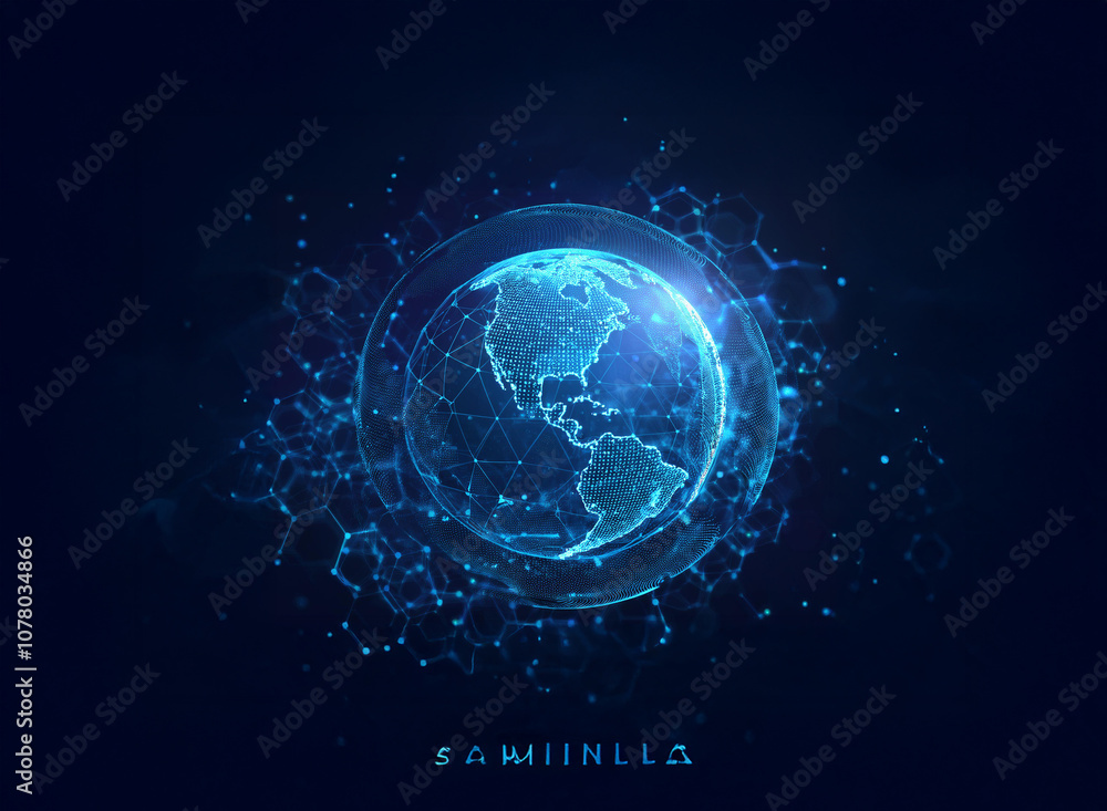 Poster a stylized glowing blue earth globe with a transparent outer sphere. the globe is made of interconne