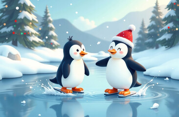 Fototapeta premium Adorable cartoon penguins ice skating on a winter pond in a snowy forest