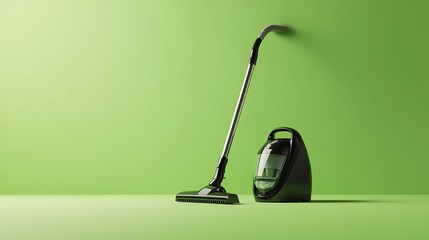 A minimalist image of a vacuum cleaner set against a solid green background. The green backdrop highlights the sleek design of the vacuum, with no distractions, placing emphasis on the object itself. 