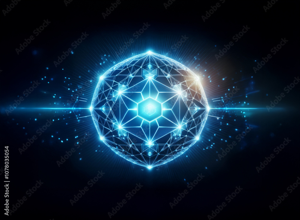 Poster a glowing blue sphere with a connected web of points, set against a dark background with light strea