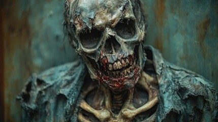 A detailed depiction of a gruesome skeleton with decayed features.