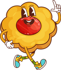 Funny groovy cartoon cookie flower character with red jelly center, walking joyfully with sneakers and making hand gesture. Vector playful bakery personage has an expressive face and retro funky vibe