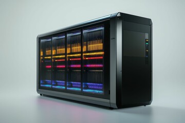 Server rack with colorful lights.