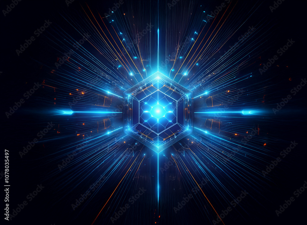 Poster a glowing blue hexagonal structure with bright light beams radiating outward on a dark background.