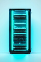 Black server rack with glowing blue lights.